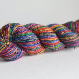 Ready to Ship Skein: Funny Story 6 color self-striping Hyacinth Purple, Pink, Orange, Yellow, Royal Blue Purple, Green image 4