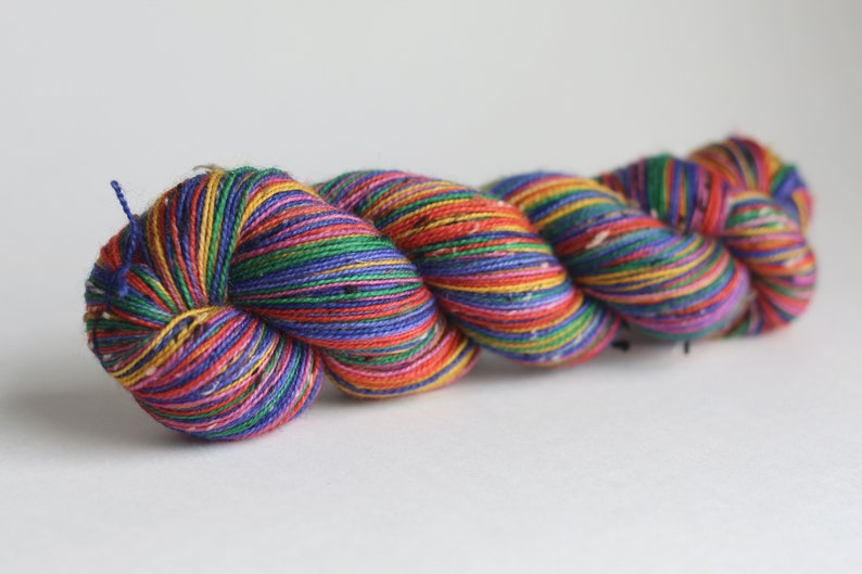 Ready to Ship Skein: Funny Story 6 color self-striping Hyacinth Purple, Pink, Orange, Yellow, Royal Blue Purple, Green image 4