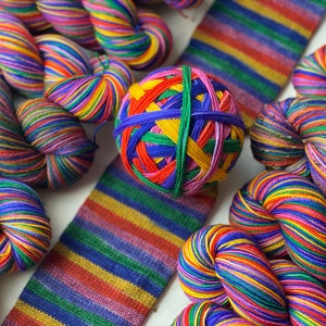 Ready to Ship Skein: Funny Story 6 color self-striping Hyacinth Purple, Pink, Orange, Yellow, Royal Blue Purple, Green image 10