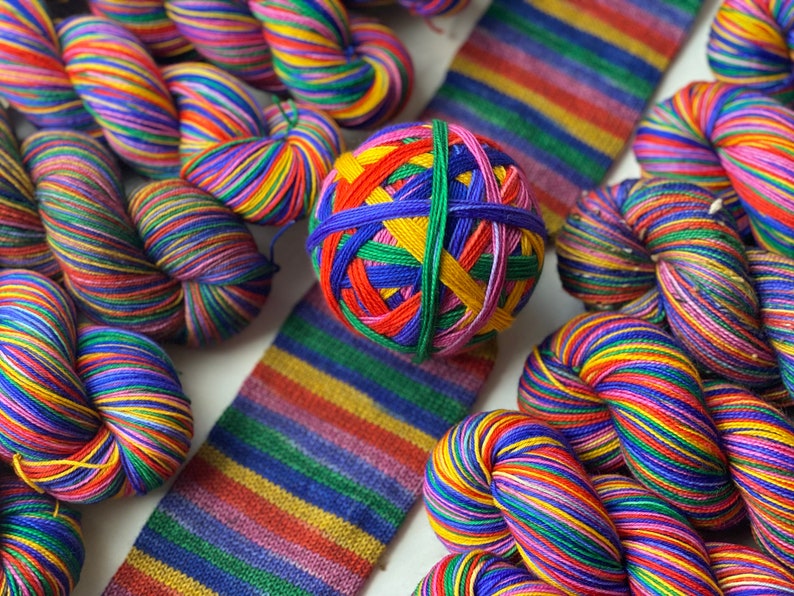 Ready to Ship Skein: Funny Story 6 color self-striping Hyacinth Purple, Pink, Orange, Yellow, Royal Blue Purple, Green image 10