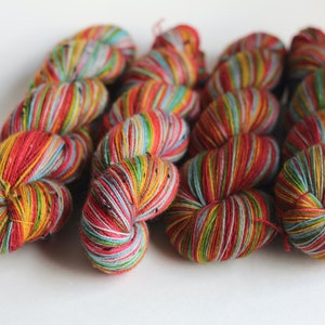 Ready to Ship Skein: Head in the Clouds 7 color self-striping Pale Silver, Blue, Grass Green, Yellow, Orange, Red & Dark Pink image 5