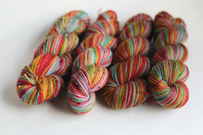 Ready to Ship Skein: Head in the Clouds 7 color self-striping Pale Silver, Blue, Grass Green, Yellow, Orange, Red & Dark Pink image 5