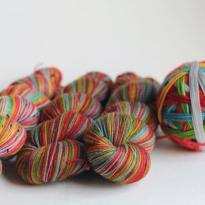 Ready to Ship Skein: Head in the Clouds 7 color self-striping Pale Silver, Blue, Grass Green, Yellow, Orange, Red & Dark Pink image 3