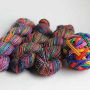 Ready to Ship Skein: Funny Story 6 color self-striping Hyacinth Purple, Pink, Orange, Yellow, Royal Blue Purple, Green image 3