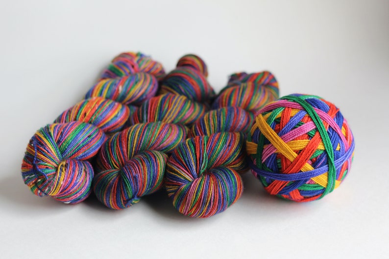 Ready to Ship Skein: Funny Story 6 color self-striping Hyacinth Purple, Pink, Orange, Yellow, Royal Blue Purple, Green image 3