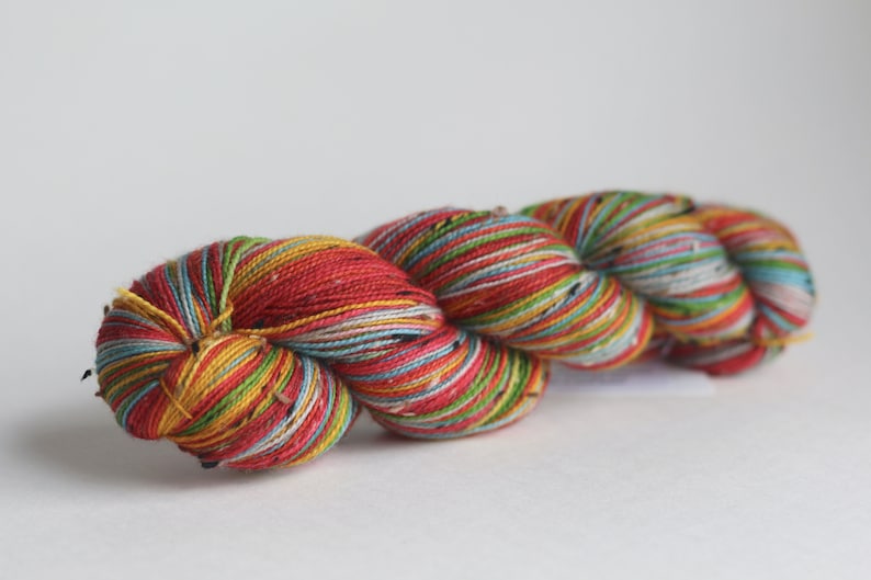 Ready to Ship Skein: Head in the Clouds 7 color self-striping Pale Silver, Blue, Grass Green, Yellow, Orange, Red & Dark Pink image 4