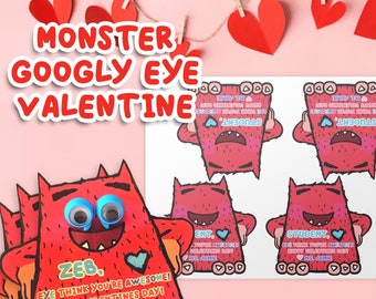 Printable Monster Valentine's Day Cards | Googly eyes finger puppet Valentine | Kids School Classroom Valentine Card DIY Teachers | Editable