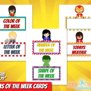 Artículos de aula de superhéroe de las tarjetas de la semana | Preescolar salón | Decoraciones de aula |