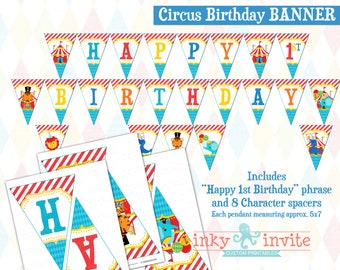 Circus 1st Birthday Banner | Cute 1st Birthday Carnival Birthday | Baby Circus Animal Photo Birthday Party Banner Prop DIY Digital Printable