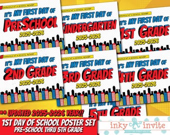 Superhero 1st Day of School Sign Set 2025-2026 Pre-5th | INSTANT DOWNLOAD First Day of School Sign | 1st First Day of School Printable Sign