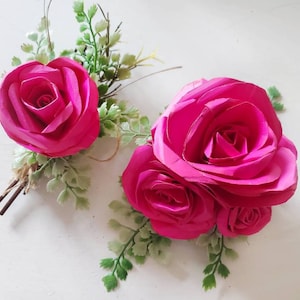 Hot pink. Custom made fuchsia pink Boutonniere AND corsage together. Custom rose style corsage and boutonniere. Hot pink