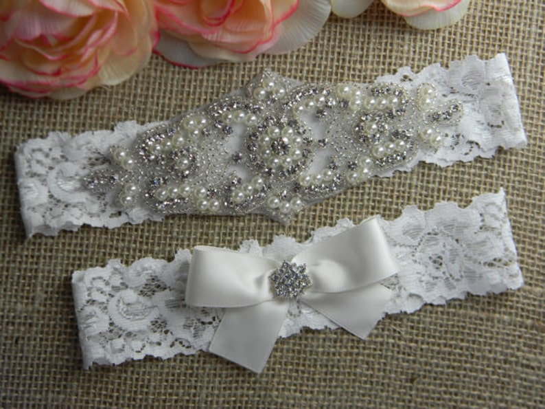 Toss Garter Keepsake Garter Wedding Garter Set Wedding Garter Ivory Bow Garter Bridal Garter Set Pearl and Rhinestone Wedding Garters