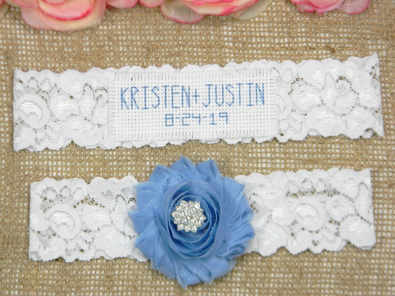 Stretch Lace Wedding Garter Set Flower Monogram Wedding Garter Light Blue Bridal Garter Set Embroidery Wedding Garter and Toss Garter Set