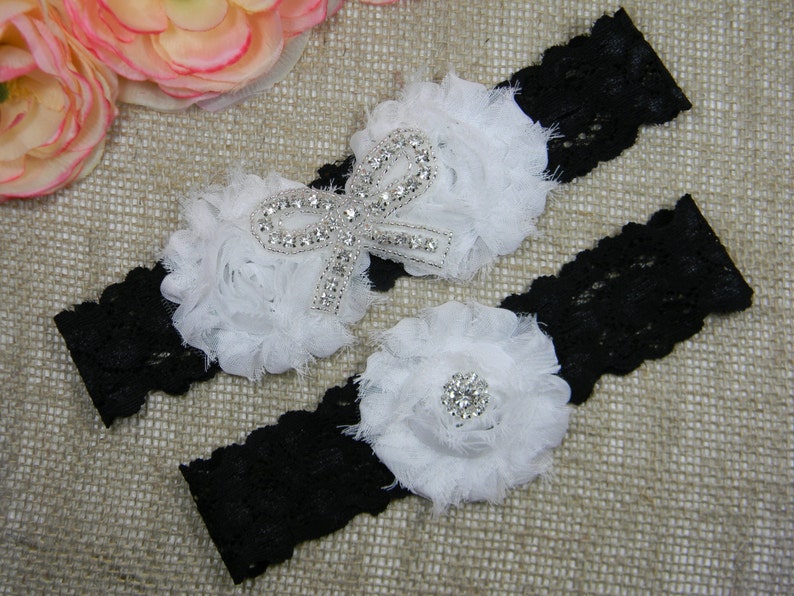 Lace Garter Set Rhinestone Bow Garter and Toss Garter Set Black and White Wedding Garter Set Wedding Garter Shabby Flower Bridal Garters