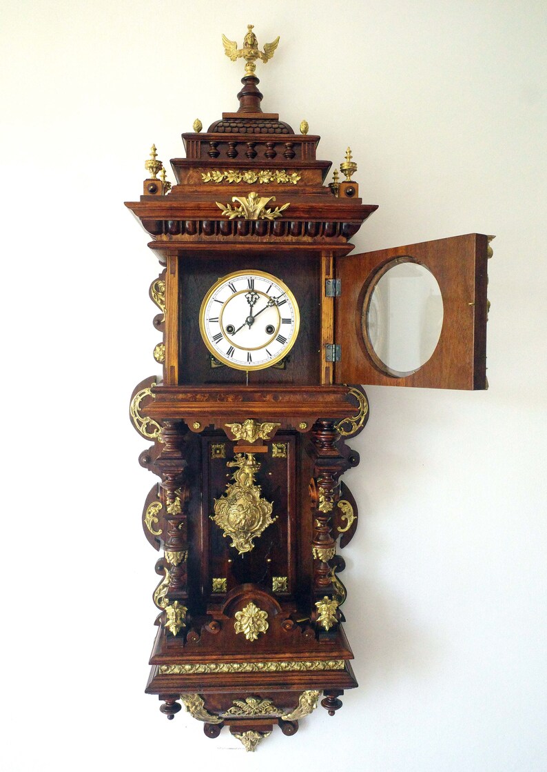 Beautiful Wall Clock Walnut With Brass Ornaments Etsy
