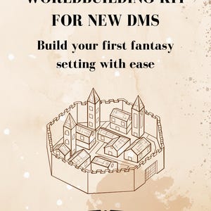 May include: A black and white illustration of a medieval town surrounded by a wall. The text "FORGE YOUR REALM: WORLDBUILDING KIT FOR NEW DMS Build your first fantasy setting with ease CREATED BY NICHOLAS TUVEY" is at the top and bottom of the image.