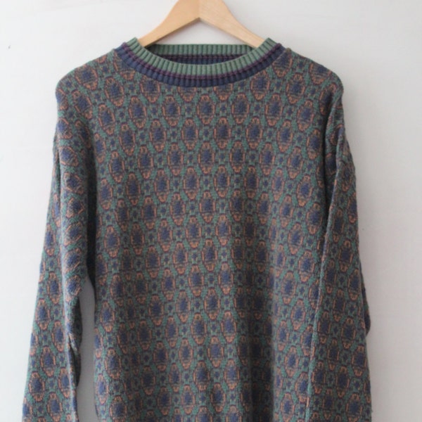 Vintage Multi-Color Cotton Knit Sweater, Patterned, 90s