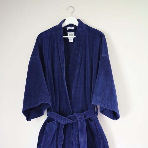 80s Vintage Bathrobe - OSFA - Velvety Navy - Plush Cotton - Mid-weight - Sterling Manor - Plain Solid Classic