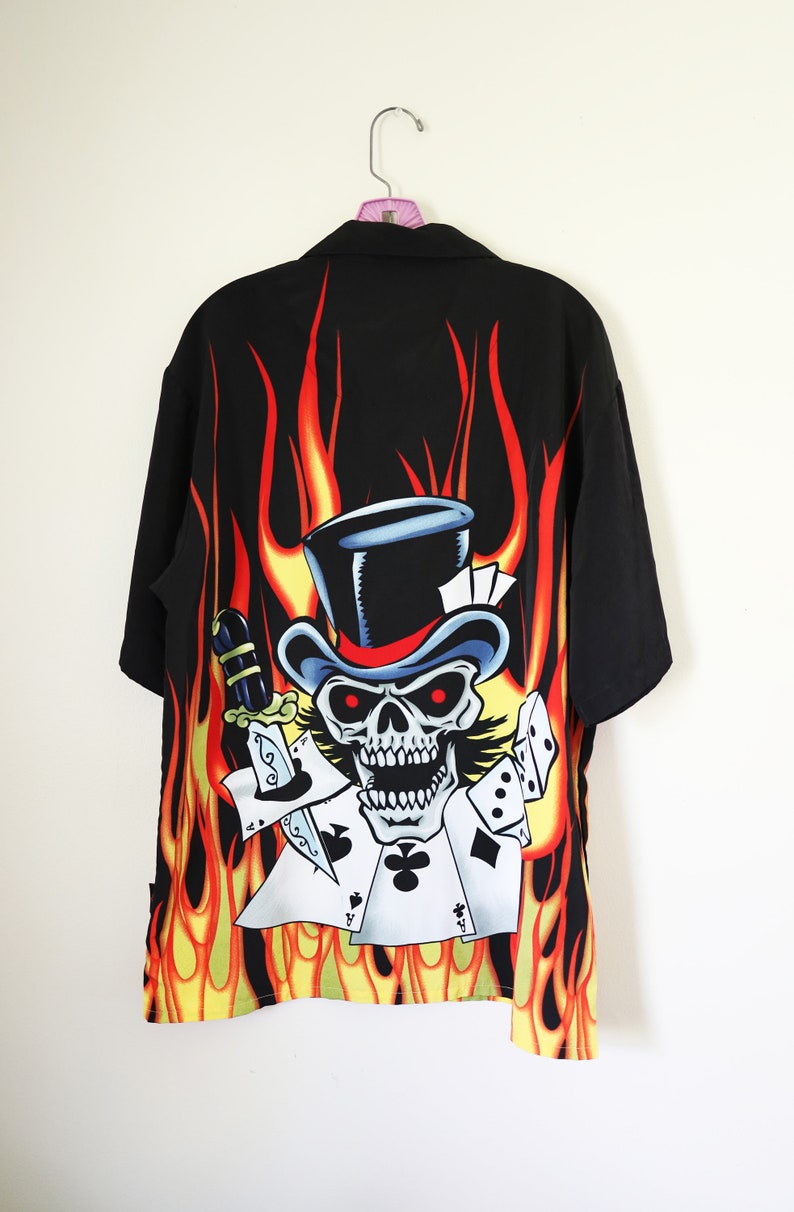 Skull Y2K Flame Button Up Dice Men/'s LARGE L Aces