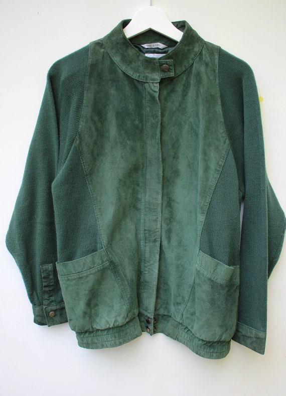 Vintage Leather Jacket With Sweater Sleeves 90s Er Men S Medium M Forest Green Suede Sueded