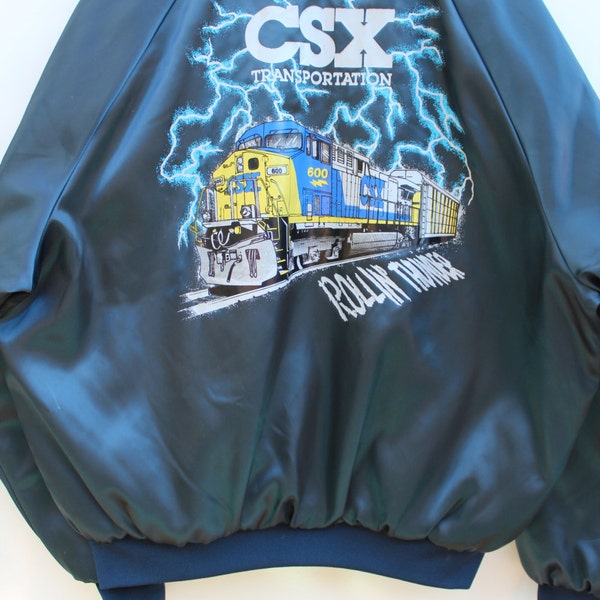 90s Satin Bomber Jacket / Navy / Electric Lightning / CSX Transportation / XL / Nylon / Rollin' Thunder / Quilted