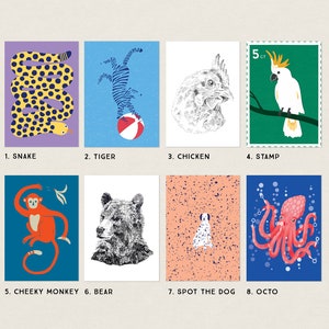 Postales de animales: ¡Mezcla y combina! Tarjetas ilustradas A6: Serpiente, Tigre, Pollo, Cacatúa, Mono, Oso, Perro y Pulpo.