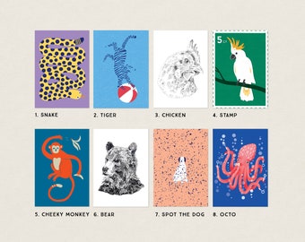 Animal Postcards - Mix and match! - A6 Illustrated Cards - Snake, Tiger, Chicken, Cockatoo, Monkey, Bear, Dog, Octo Card