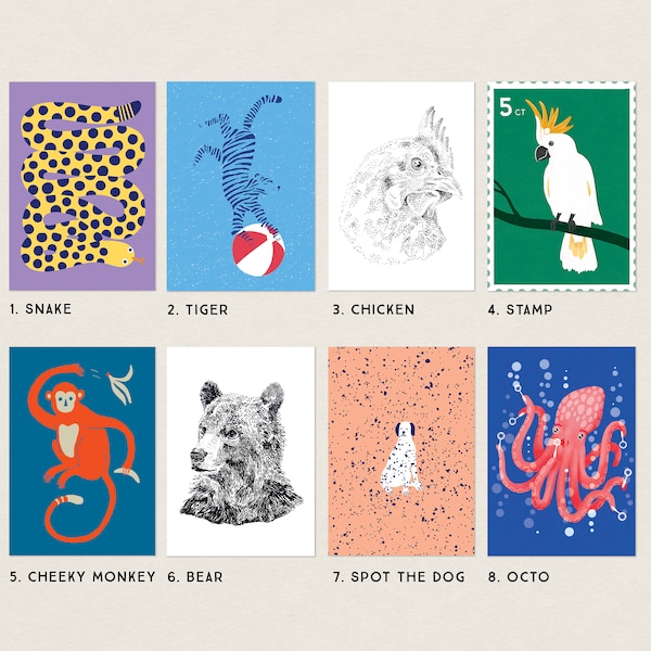 Animal Postcards - Mix and match! - A6 Illustrated Cards - Snake, Tiger, Chicken, Cockatoo, Monkey, Bear, Dog, Squidward Card