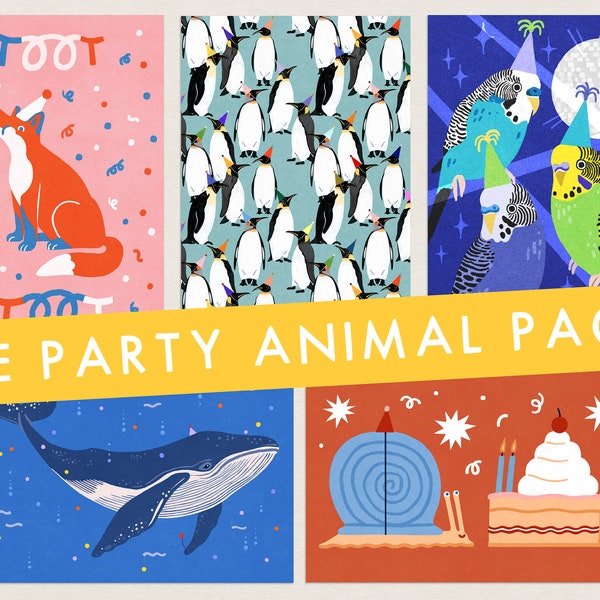 The Party Animal Pack - Set of Five Cards - Illustrated Animals Birthday Postcards for Snail Mail Lovers