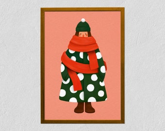 Kunstdruck Weihnachtsmädchen 21x30 - Mädchen im bunten flauschigen Mantel - Illustrierte digitale Zeichnung auf Tintoretto Gesso-Papier - Lebensmittelillustration
