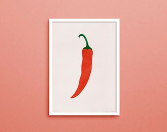 Linocut Print Big Red Chili Pepper - 21x30 or 17x24 cm - Two Coloured Handmade Linoprint - Happy Colourful Handprinted Poster