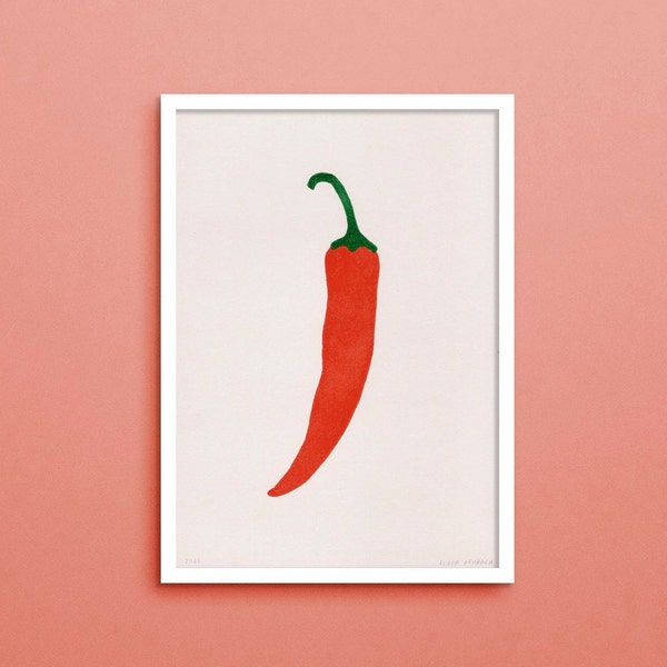 Linocut Print Big Red Chili Pepper - 21x30 or 17x24 cm - Two Colored Handmade Linoprint - Happy Colorful Handprinted Poster