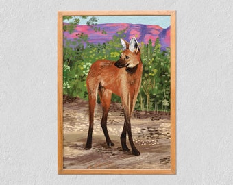 Art Print Maned Wolf 21x30 - Beautiful Elegant Maned Wolf Animal Print - Poster On Tintoretto Gesso