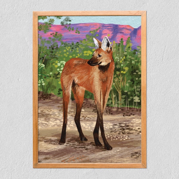 Art Print Maned Wolf 21x30 - Beautiful Elegant Maned Wolf Animal Print - Poster On Tintoretto Gesso