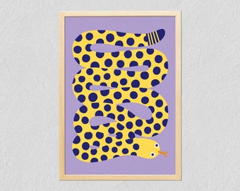Art Print Snake 21x30 - Spotted Snake Illustration - Illustrated Animal - Kids Room - Lila & Yellow Digital Drawing - Tintoretto Gesso Paper