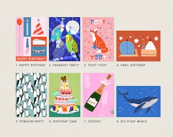 Party Postcards - Mix and match! - A6 Illustrated Cards - Birthday, Festive, Celebrating, Party Cards