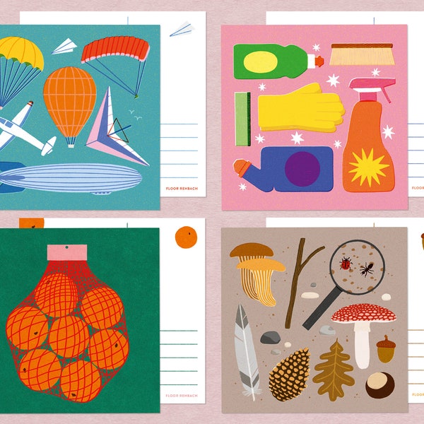 Square Colorful Postcards - Illustrated Oranges and Collections - Single Card or Card Set