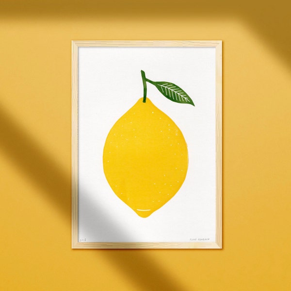 Linocut Print Big Lemon - 21x30 - Two Coloured Handmade Linoprint - Happy Colourful Fruit Poster