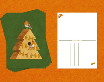 Christmas Card Robin Birds on a Tree Birdhouse with a Peanut Garland - A6 Illustrated Postcard / Postcard Set