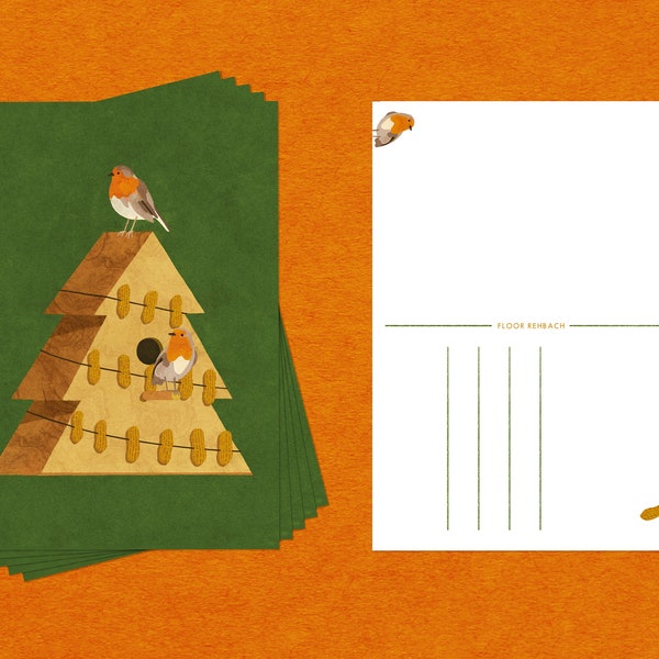 Christmas Card Robin Birds on a Tree Birdhouse with a Peanut Garland - A6 Illustrated Postcard / Postcard Set