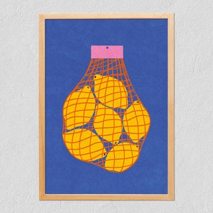 Art Print Lemons 21x30 - Colorful Lemon Net - Illustrated Fruit - Digital Drawing On Tintoretto Gesso Paper