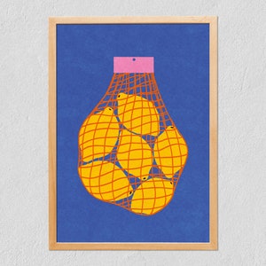 Impression d&#39;art Citrons 21x30 - Filet de citrons coloré - Fruit illustré - Dessin numérique sur papier Tintoretto Gesso