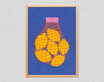 Art Print Lemons 21x30 - Colorful Lemon Net - Illustrated Fruit - Digital Drawing On Tintoretto Gesso Paper