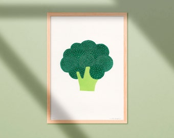 Linocut Print Broccoli - 21x30 - Two Coloured Handmade Linoprint - Happy Colourful Vegetable Poster