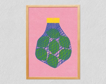 Art Print Limes 21x30 - Colorful Limee Net - Illustrated Fruit - Digital Drawing On Tintoretto Gesso Paper