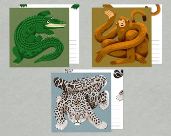 Square Animal Postcards - Illustrated Crocodile, Snow Leopard and Monkey - Single Card or Card Set