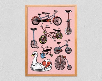 Art Print 21x30 - Collection Of Bicycles On Pink Background- Scratchboard Art Print - Poster On Tintoretto Gesso