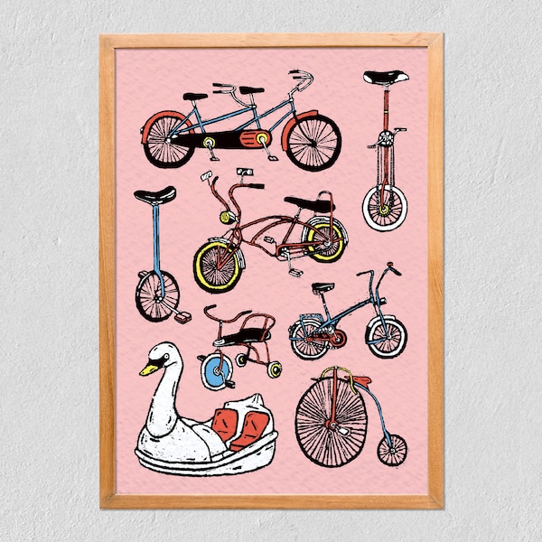 Art Print 21x30 - Collection Of Bicycles On Pink Background- Scratchboard Art Print - Poster On Tintoretto Gesso