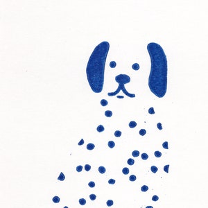 Linocut Print Dalmatian Dog 21x30 Dark Blue Handmade Linoprint Happy Animal Poster image 3