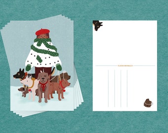 Christmas Card Girl with Red Beret and Dogs - A6 Illustrated Postcard / Postcard Set